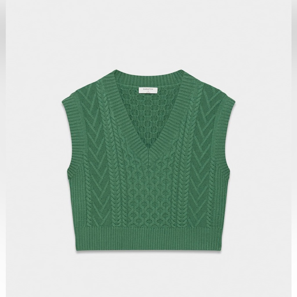 Aritzia Emporia Merino Wool Green Cable V-Neck Sleeveless Sweater Vest